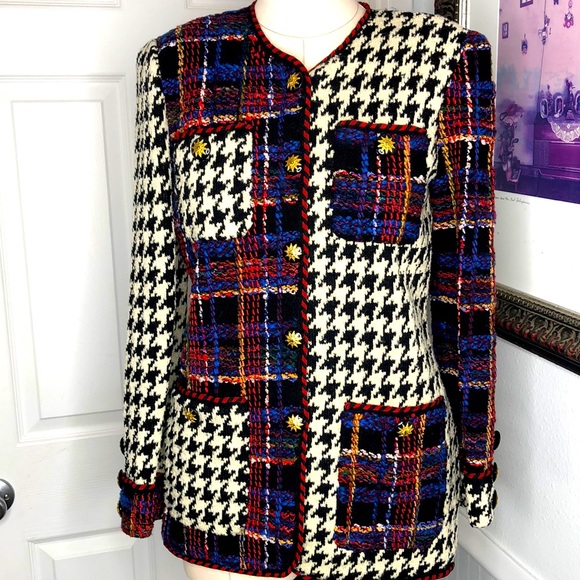 Vintage Adolfo plaid boucle houndstooth jacket - Picture 1 of 16